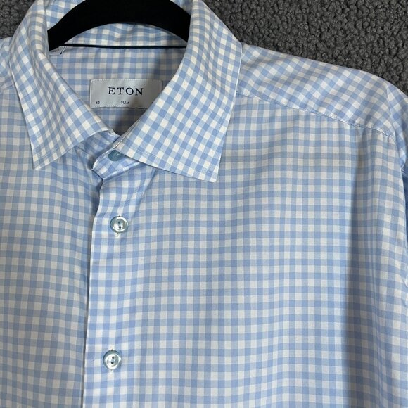 Eton Fine Twill Cotton Slim Check Button Up Shirt - Men's Size 43/17 - Blue - Picture 2 of 9
